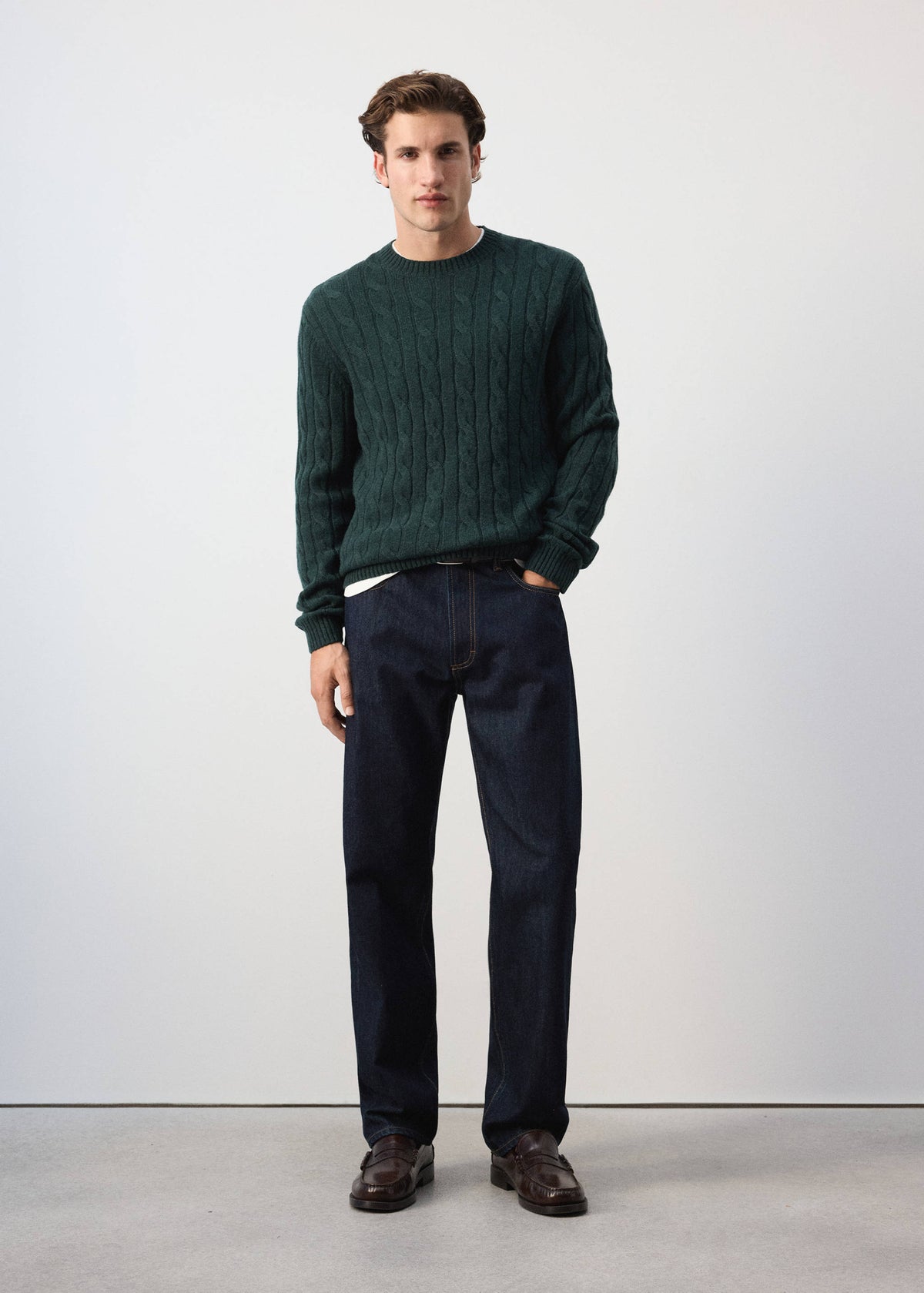 Pure Wool Cable Knit Crew Neck Jumper in Dark Green - view 02