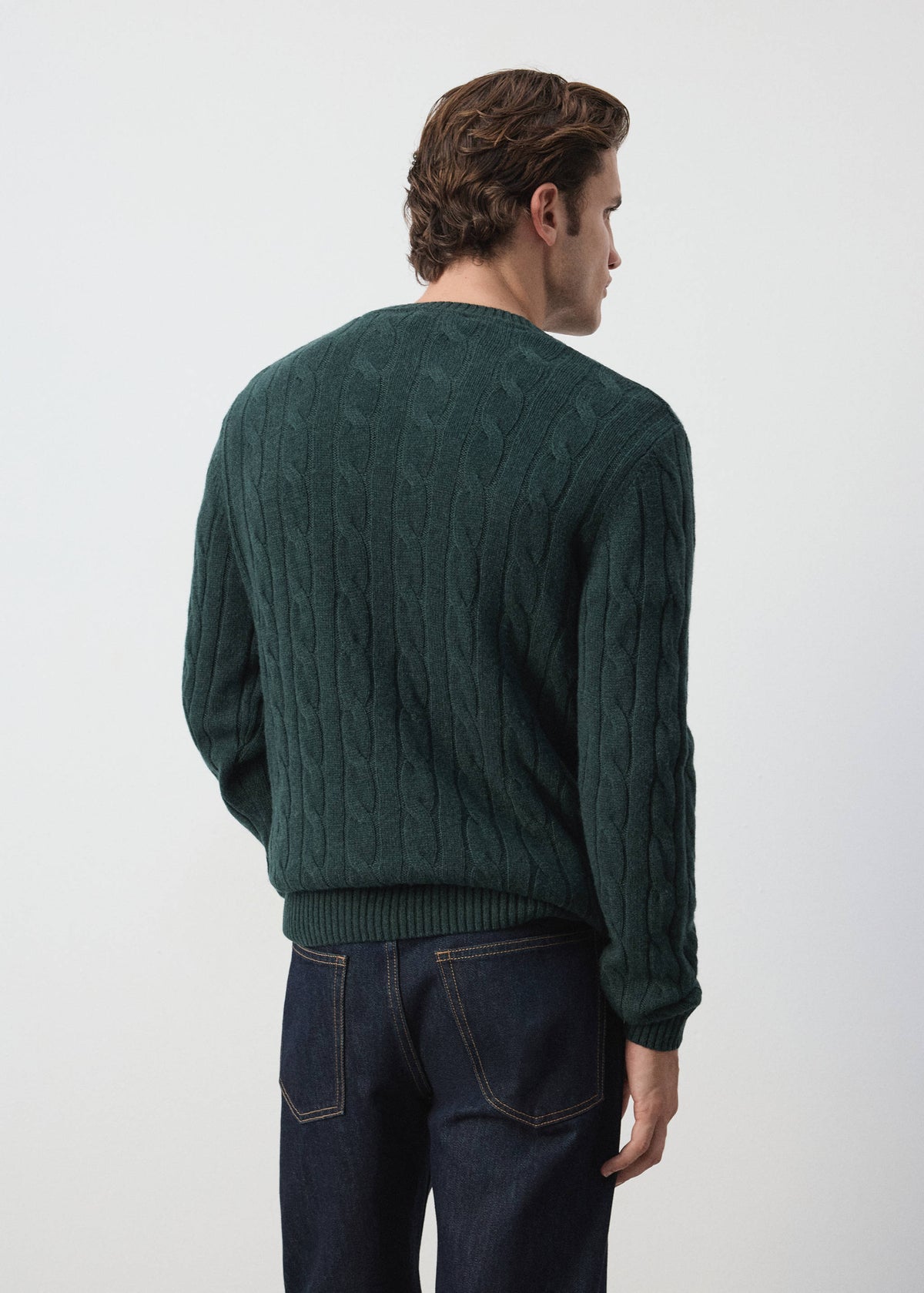 Pure Wool Cable Knit Crew Neck Jumper in Dark Green - view 03