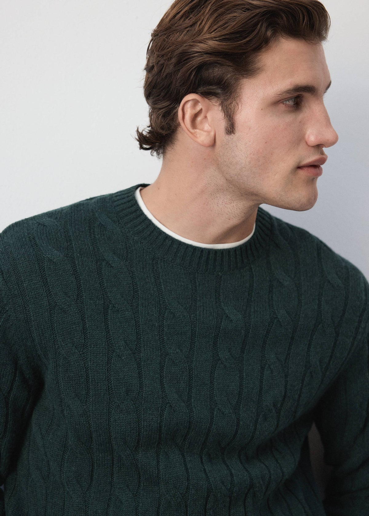 Pure Wool Cable Knit Crew Neck Jumper in Dark Green - view 04