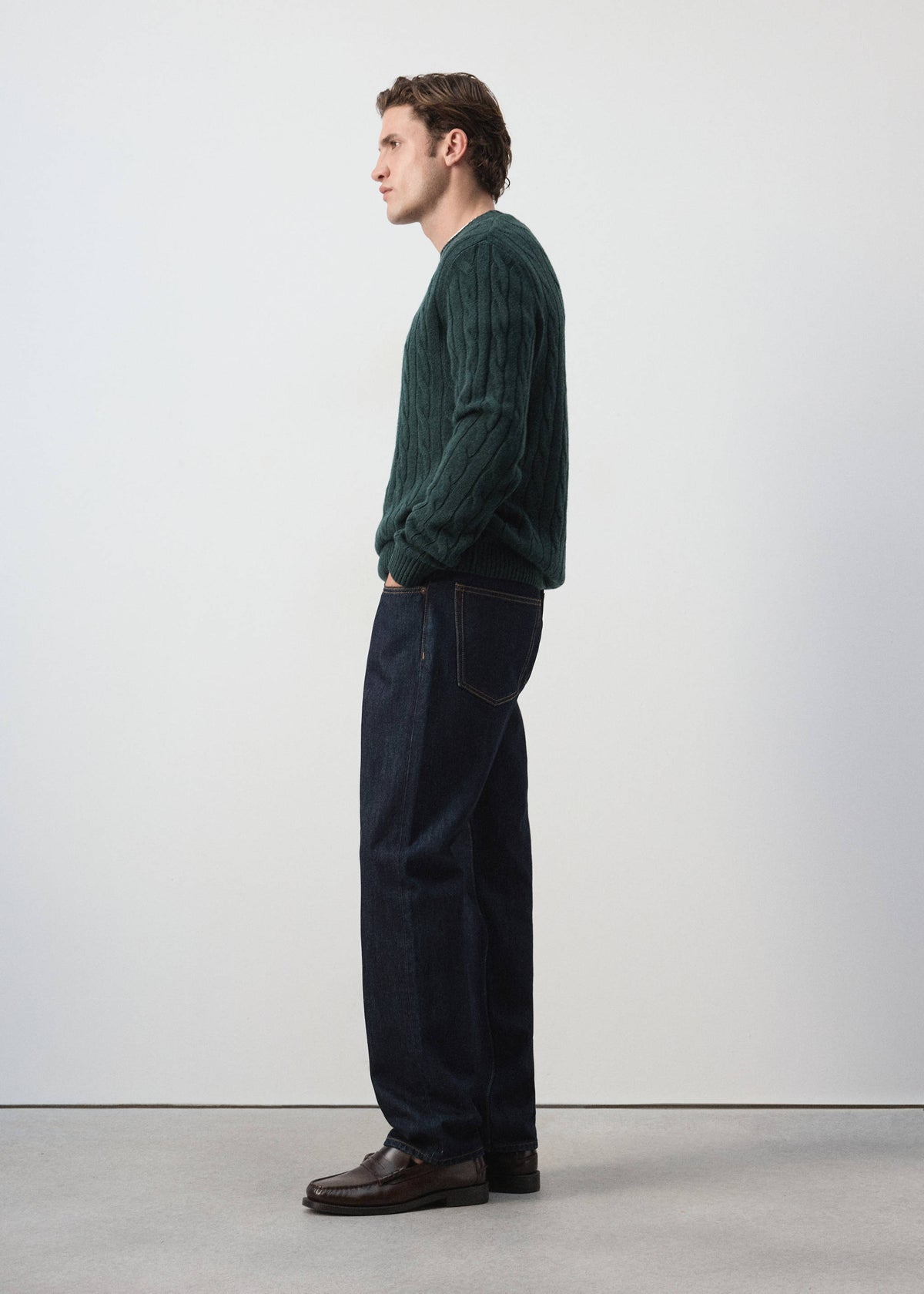 Pure Wool Cable Knit Crew Neck Jumper in Dark Green - view 05
