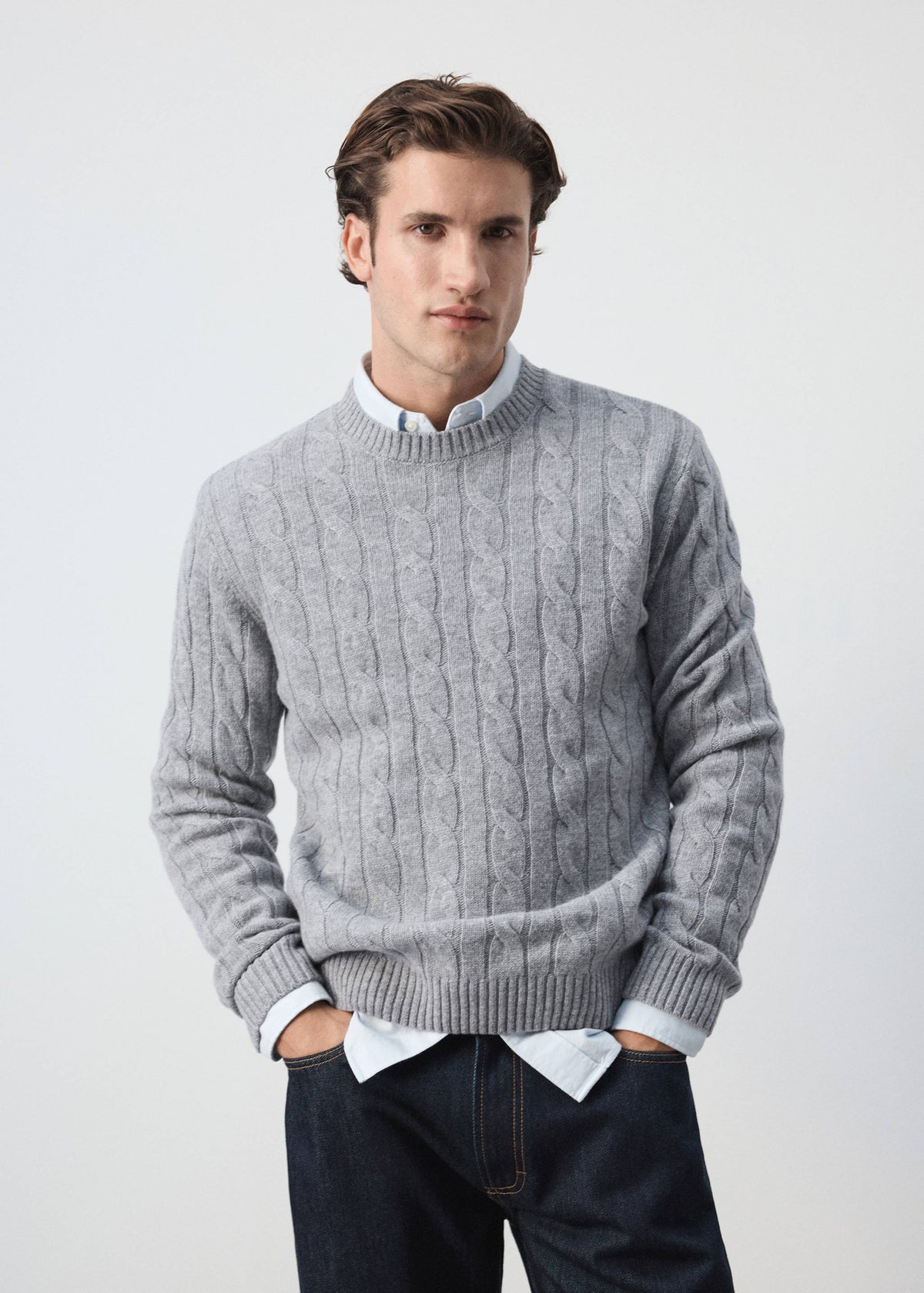 Pure Wool Cable Knit Crew Neck Jumper in Medium Heather Grey - view 01