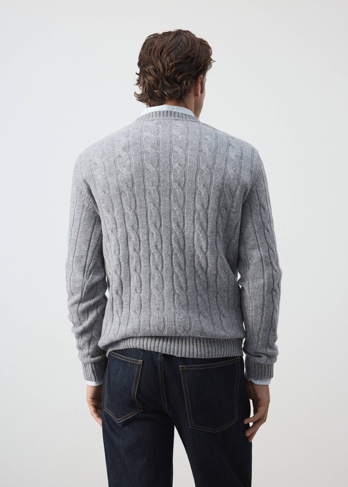 Pure Wool Cable Knit Crew Neck Jumper in Medium Heather Grey - view 03