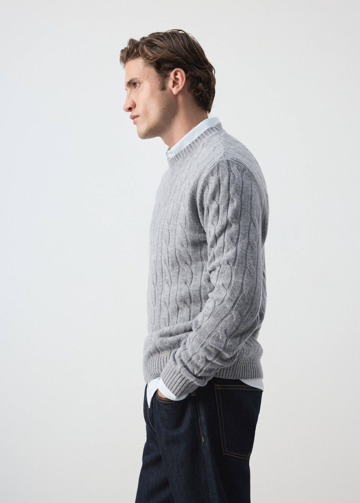 Pure Wool Cable Knit Crew Neck Jumper in Medium Heather Grey - view 05