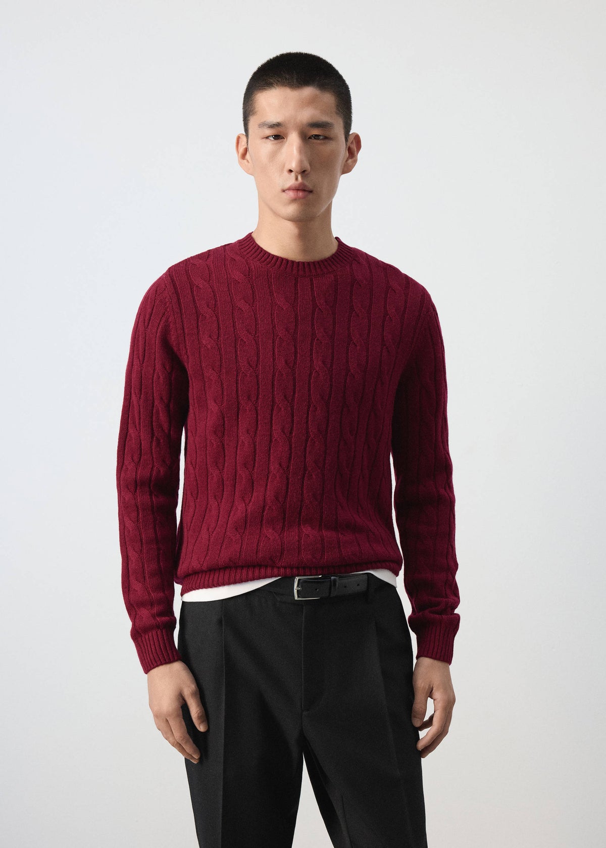 Pure Wool Cable Knit Crew Neck Jumper in Medium Red - view 01