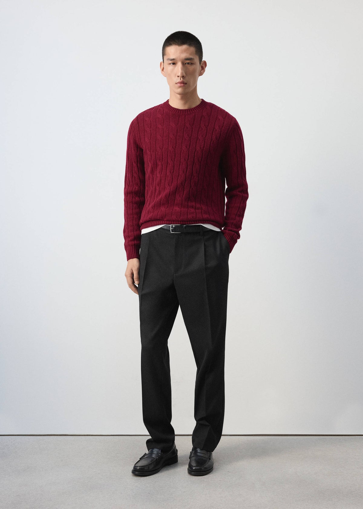 Pure Wool Cable Knit Crew Neck Jumper in Medium Red - view 02