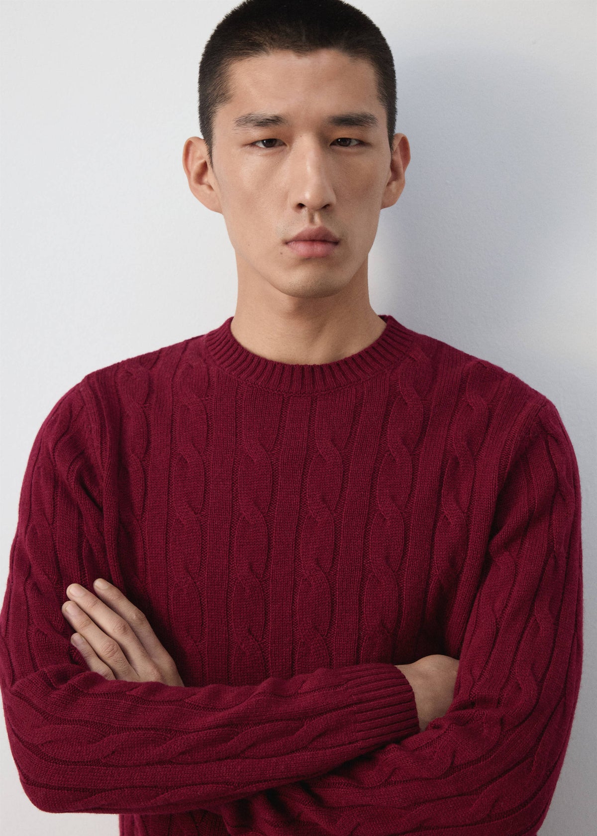 Pure Wool Cable Knit Crew Neck Jumper in Medium Red - view 04
