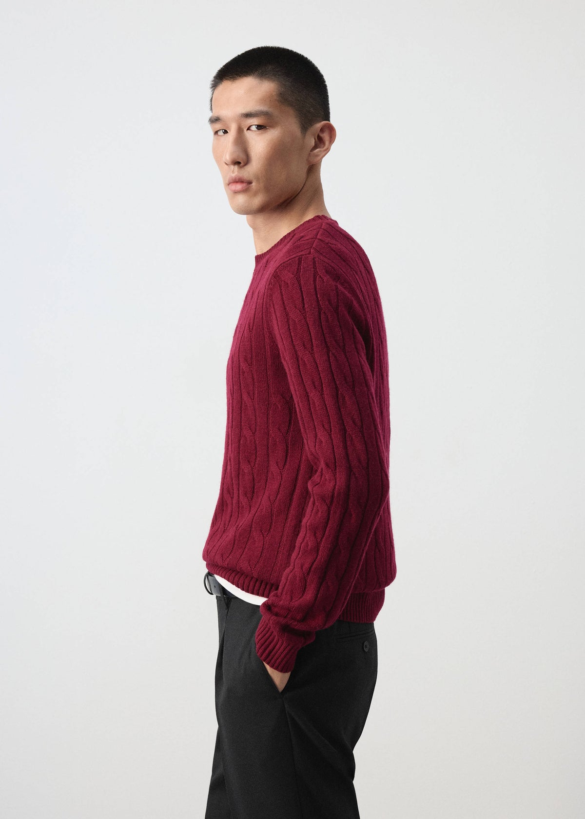 Pure Wool Cable Knit Crew Neck Jumper in Medium Red - view 05