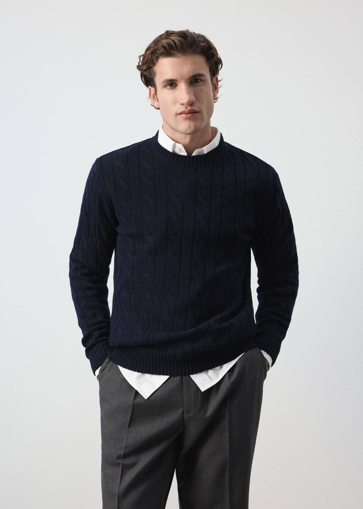 Pure Wool Cable Knit Crew Neck Jumper in Navy - view 01