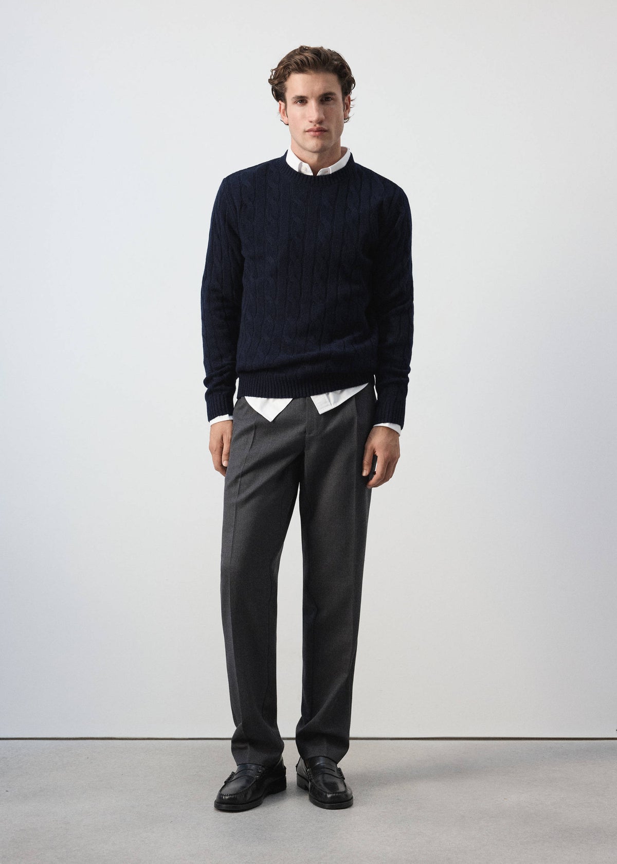 Pure Wool Cable Knit Crew Neck Jumper in Navy - view 02