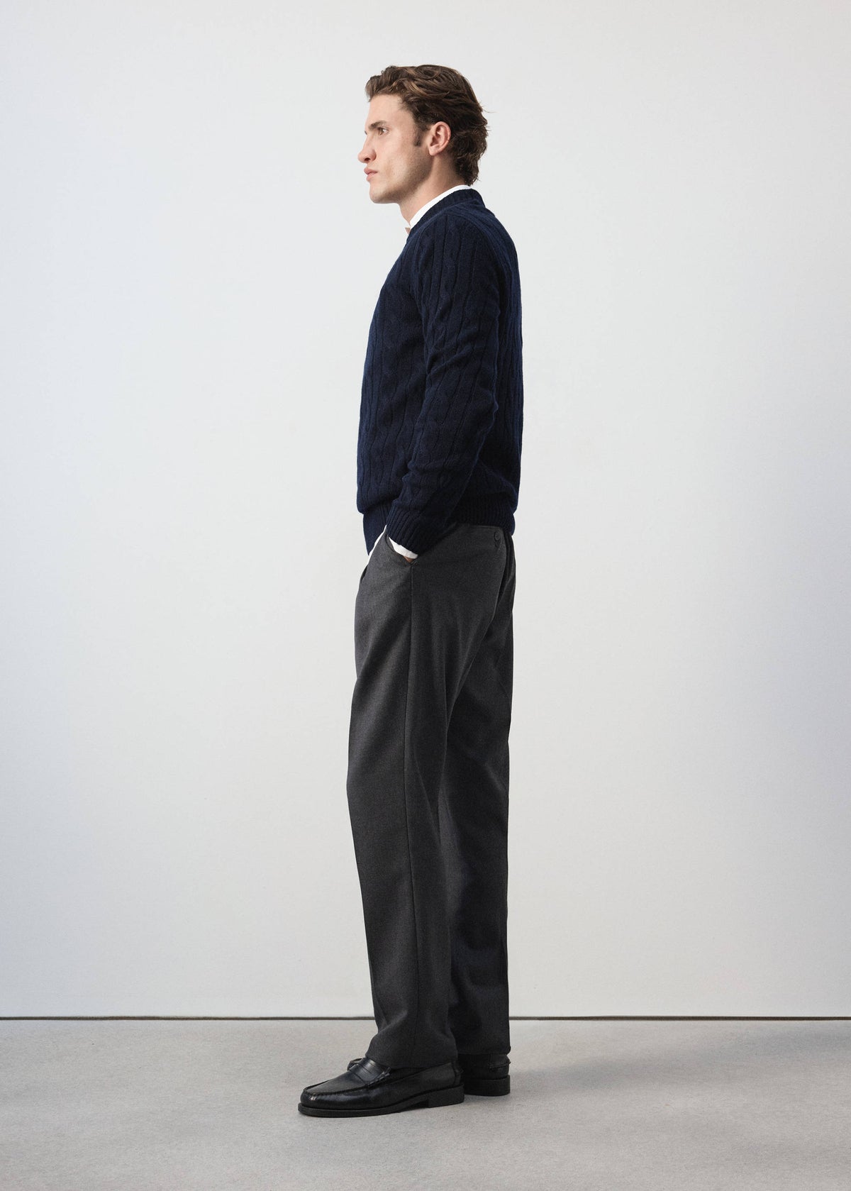Pure Wool Cable Knit Crew Neck Jumper in Navy - view 05