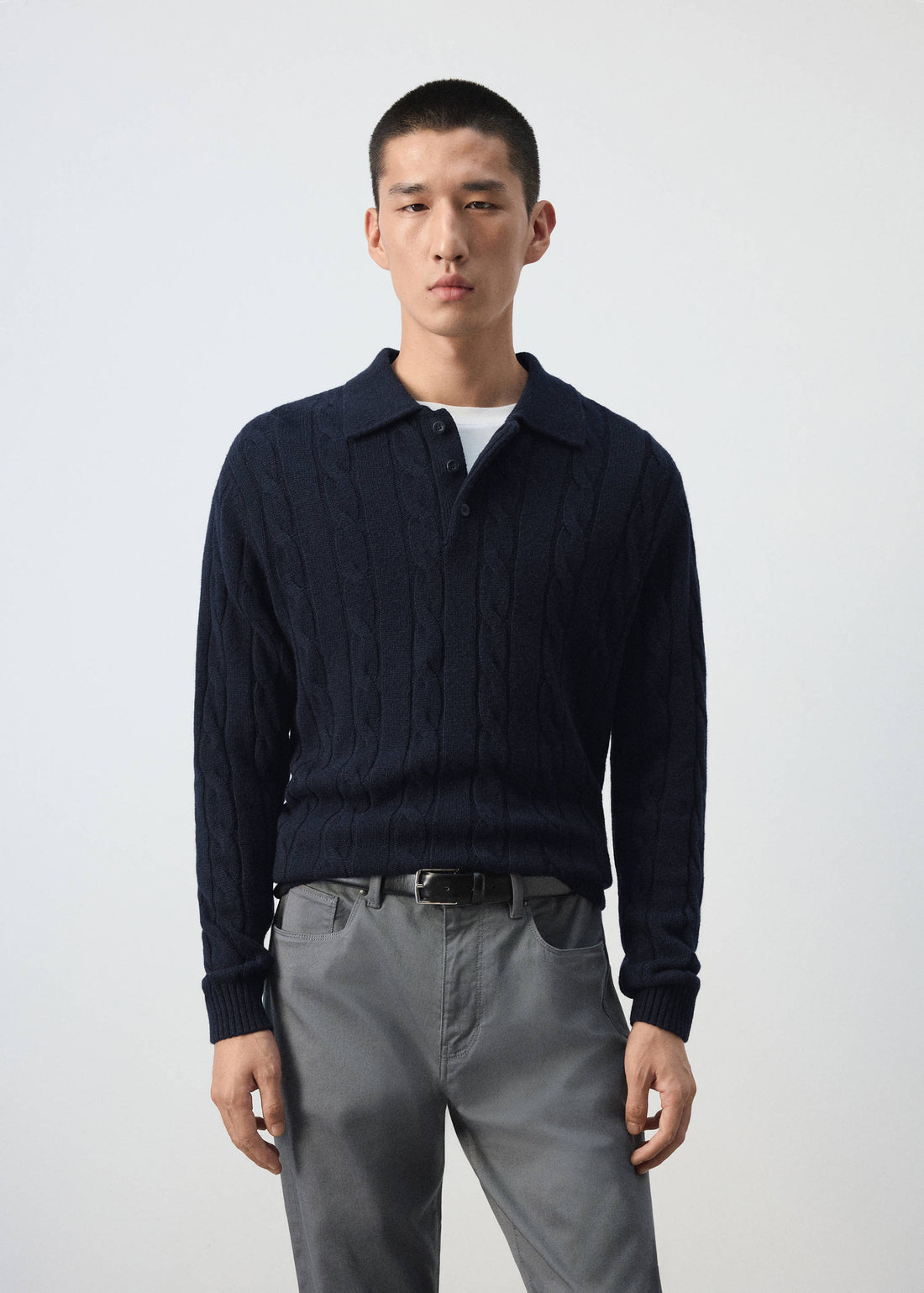 Pure Wool Cable Knit Polo Jumper in Navy - view 01