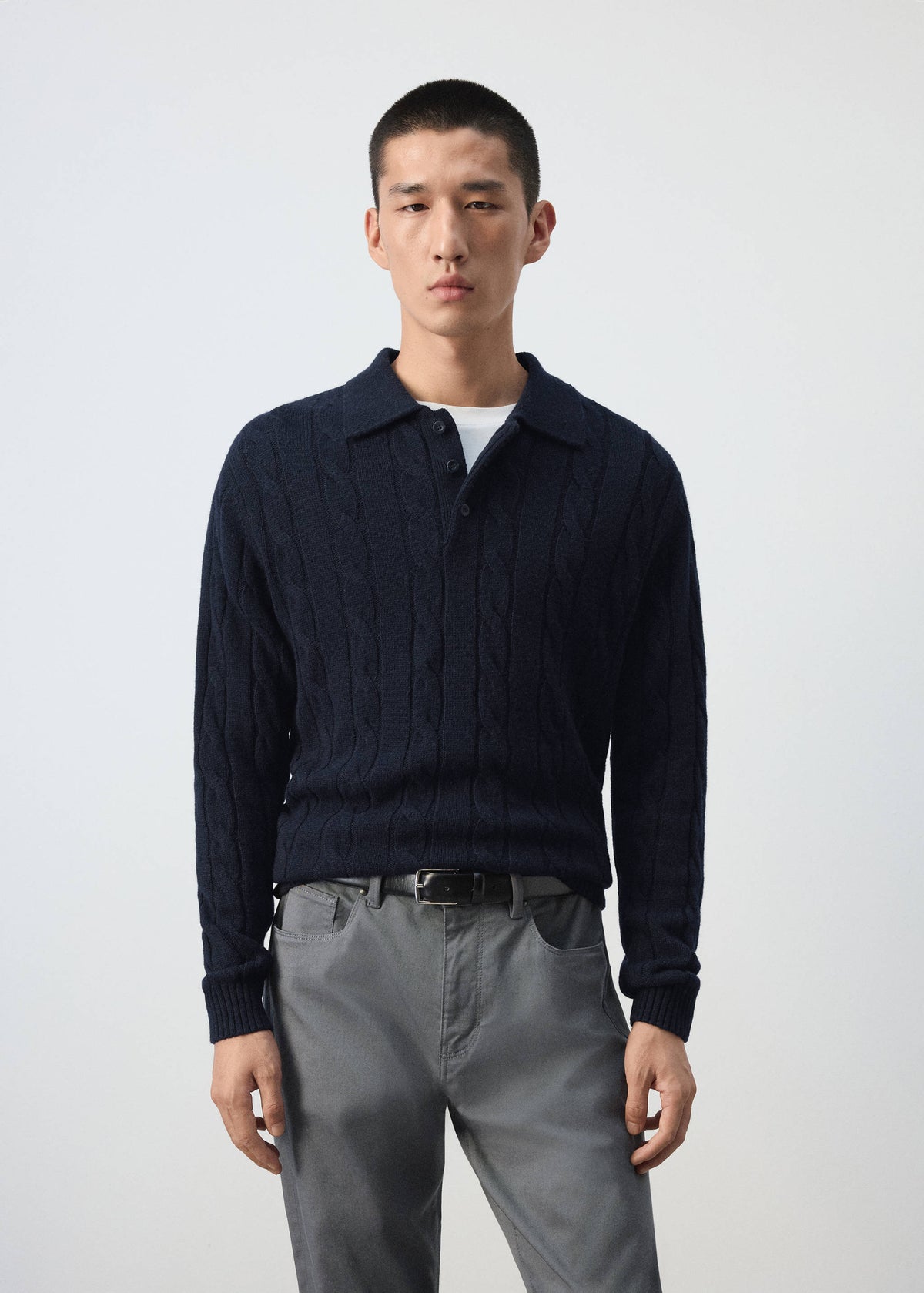 Pure Wool Cable Knit Polo Jumper in Navy - view 01