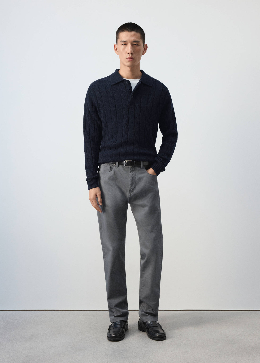 Pure Wool Cable Knit Polo Jumper in Navy - view 01