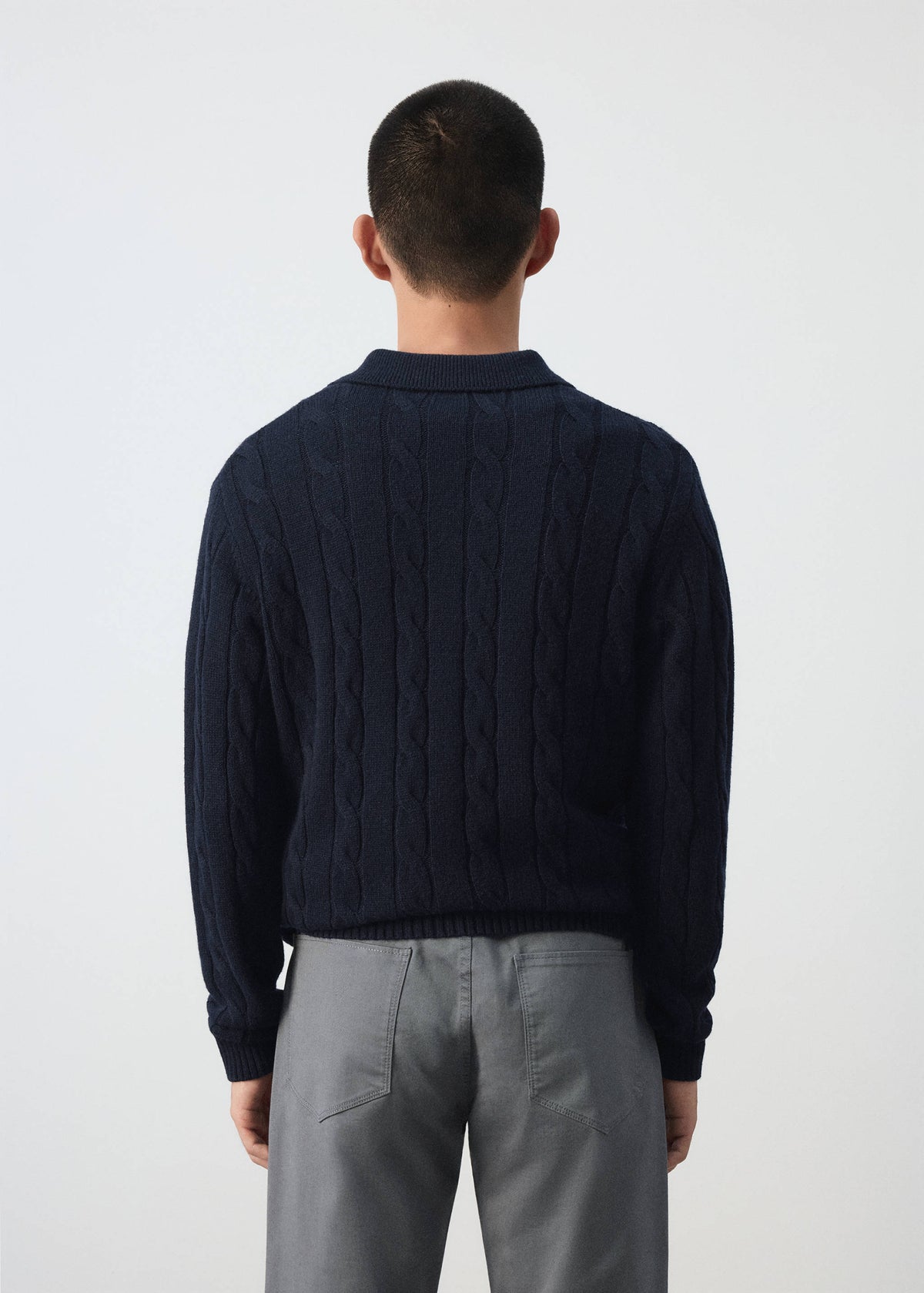 Pure Wool Cable Knit Polo Jumper in Navy - view 03