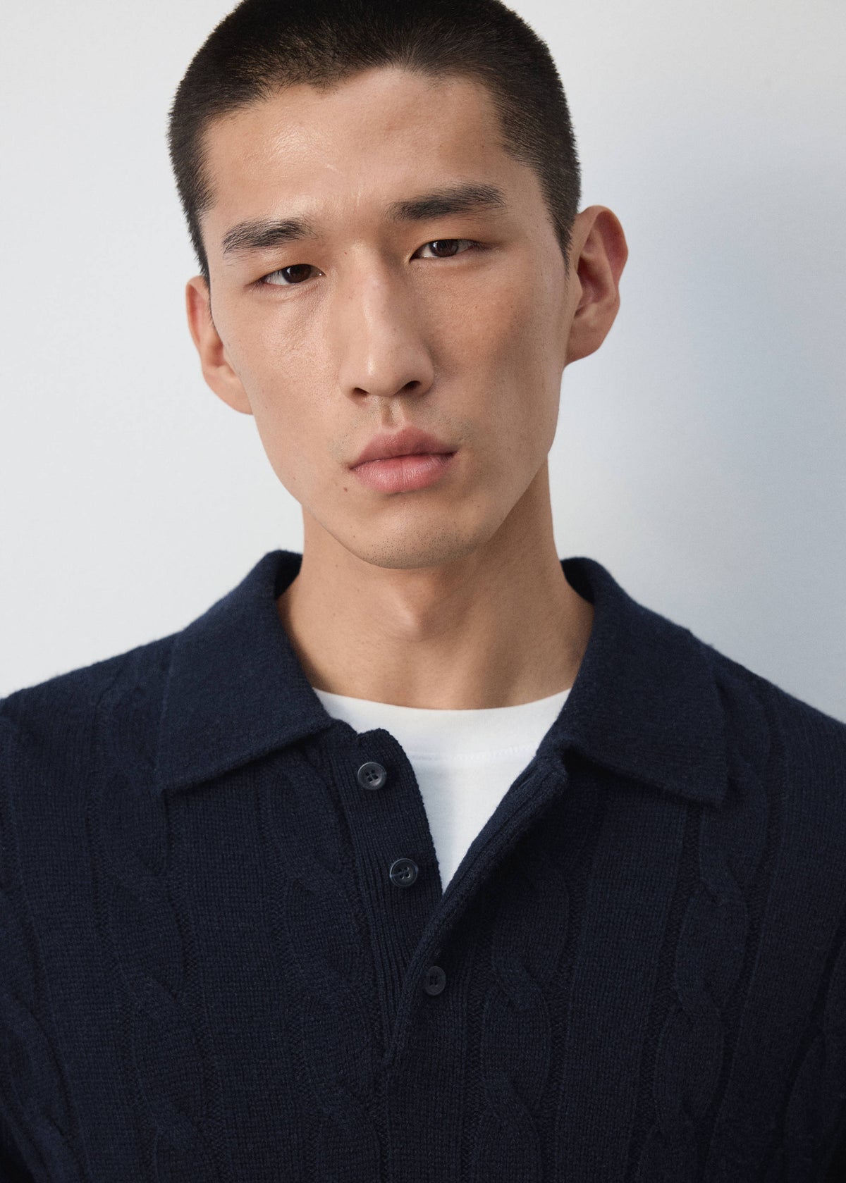 Pure Wool Cable Knit Polo Jumper in Navy - view 04