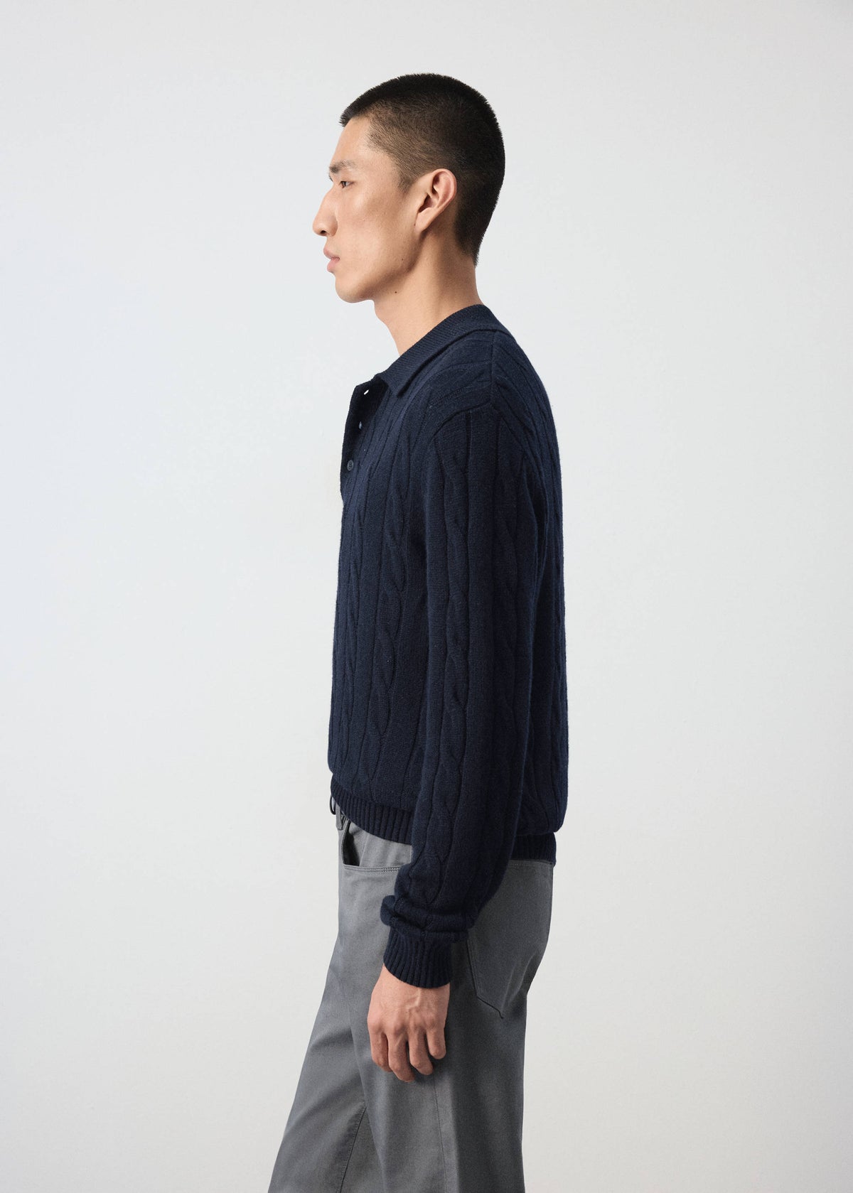 Pure Wool Cable Knit Polo Jumper in Navy - view 05