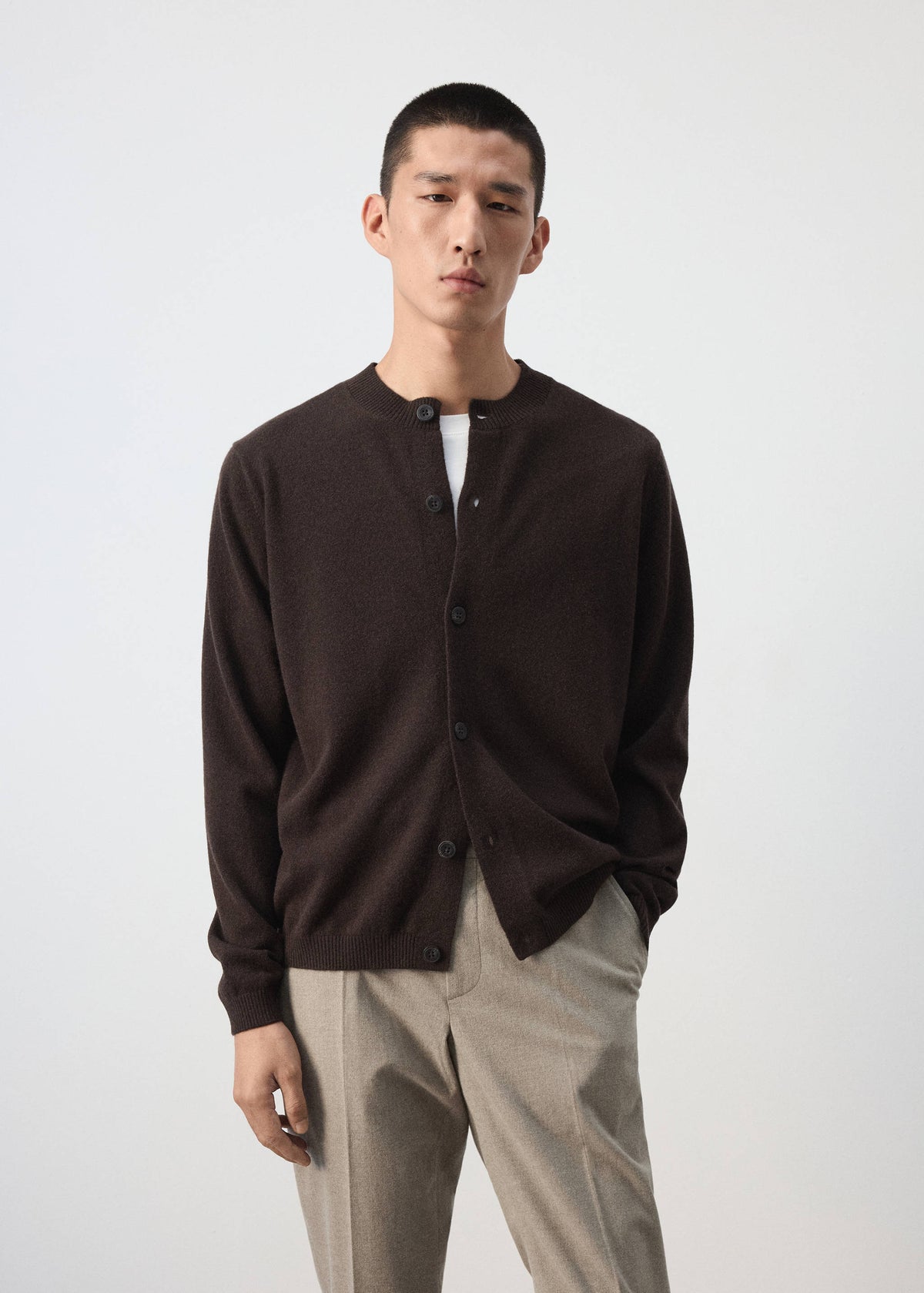 Pure Wool Fine Knit Cardigan in Chocolate - view 01