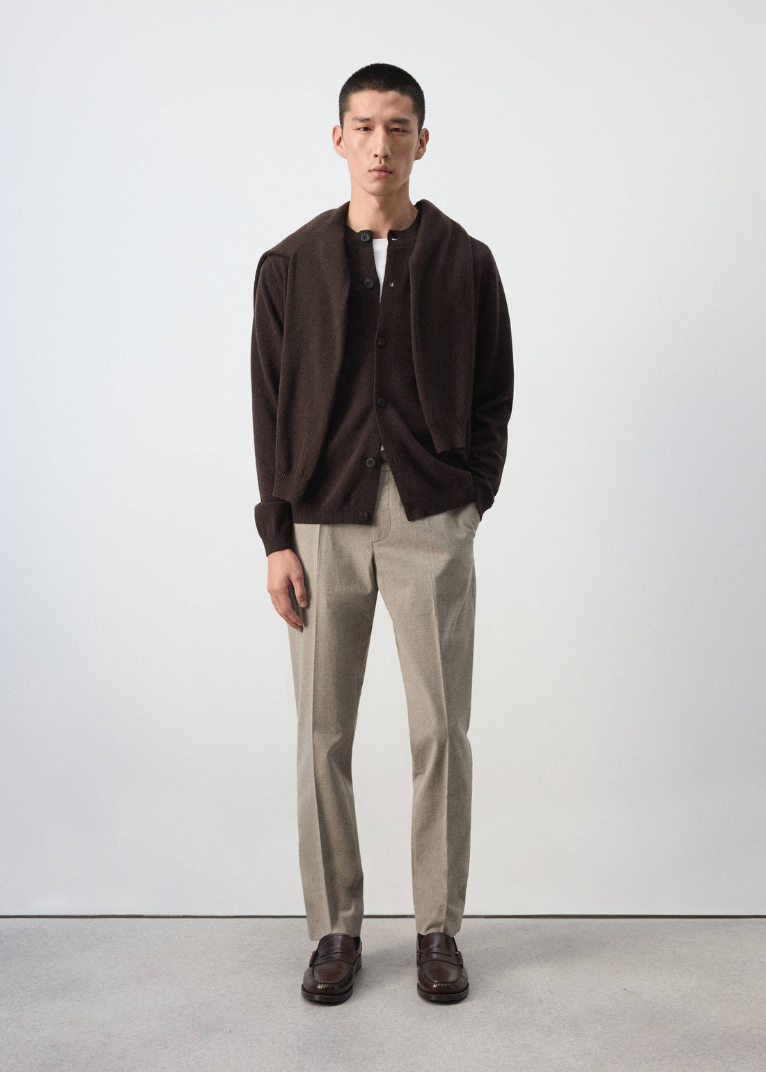 Pure Wool Fine Knit Cardigan in Chocolate - view 01