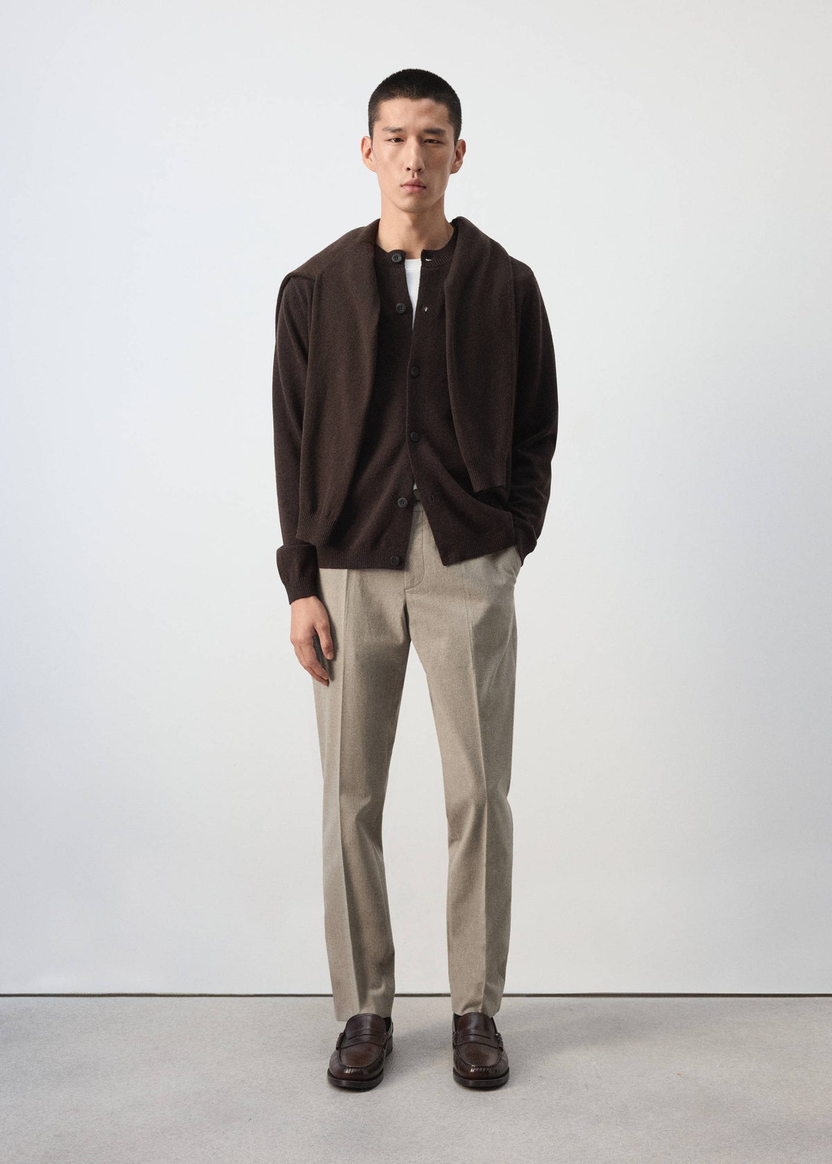 Pure Wool Fine Knit Cardigan in Chocolate - view 02