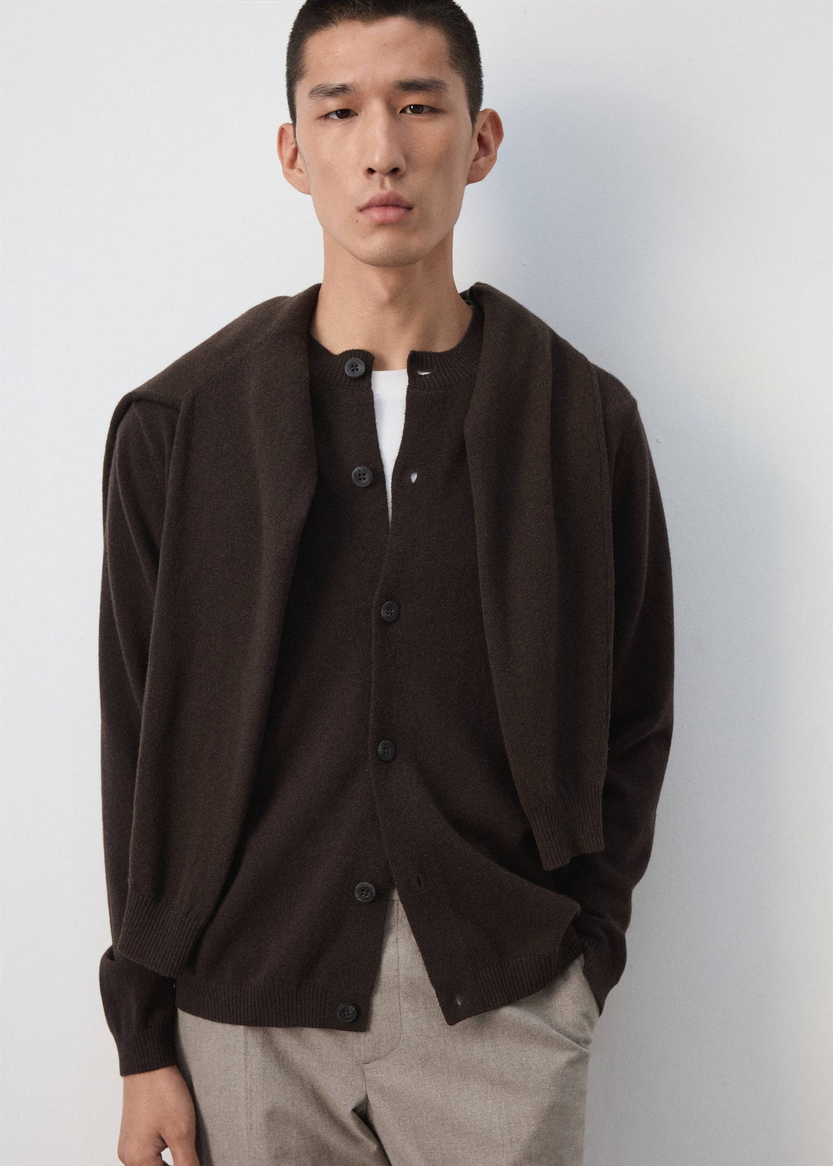 Pure Wool Fine Knit Cardigan in Chocolate - view 06