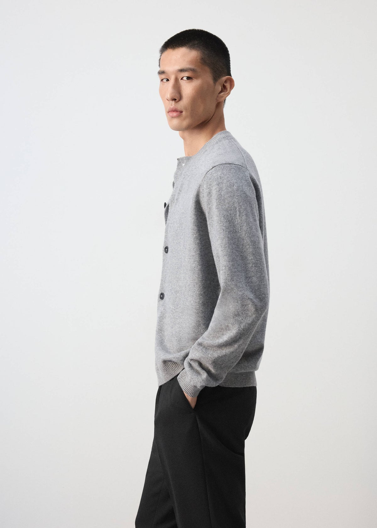 Pure Wool Fine Knit Cardigan in Medium Heather Grey - view 05