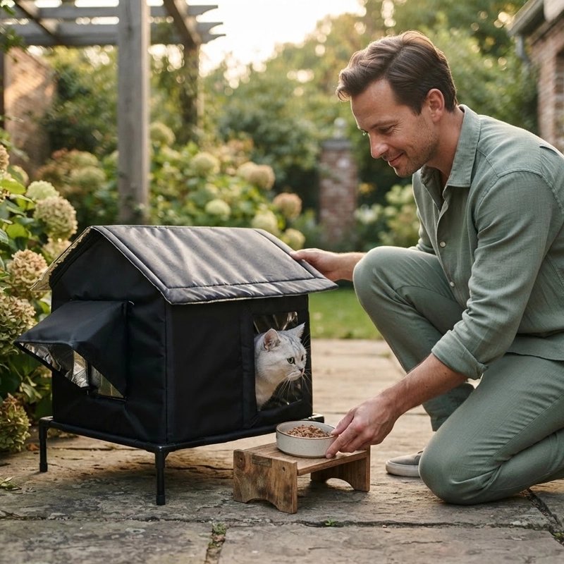 Black raised cat shelter with a pitched roof and mesh side panel in a garden