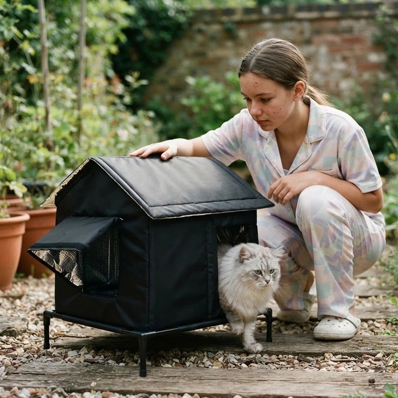 Cat leaving the front opening of a raised outdoor fabric shelter