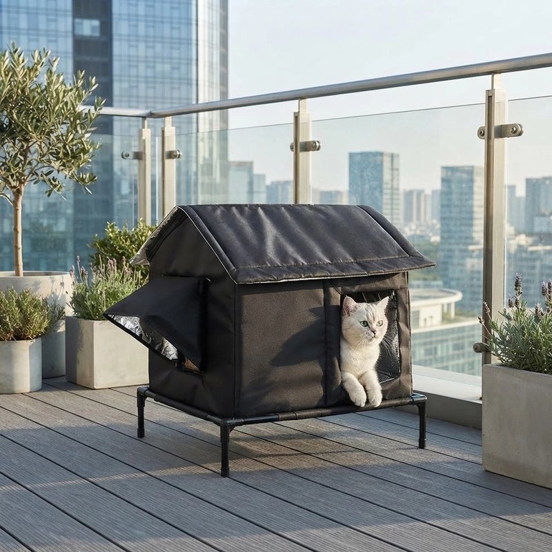 Cat resting in a black raised shelter on an outdoor terrace