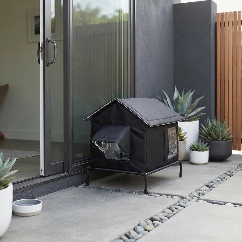 Raised black cat shelter with a pitched roof beside a patio door
