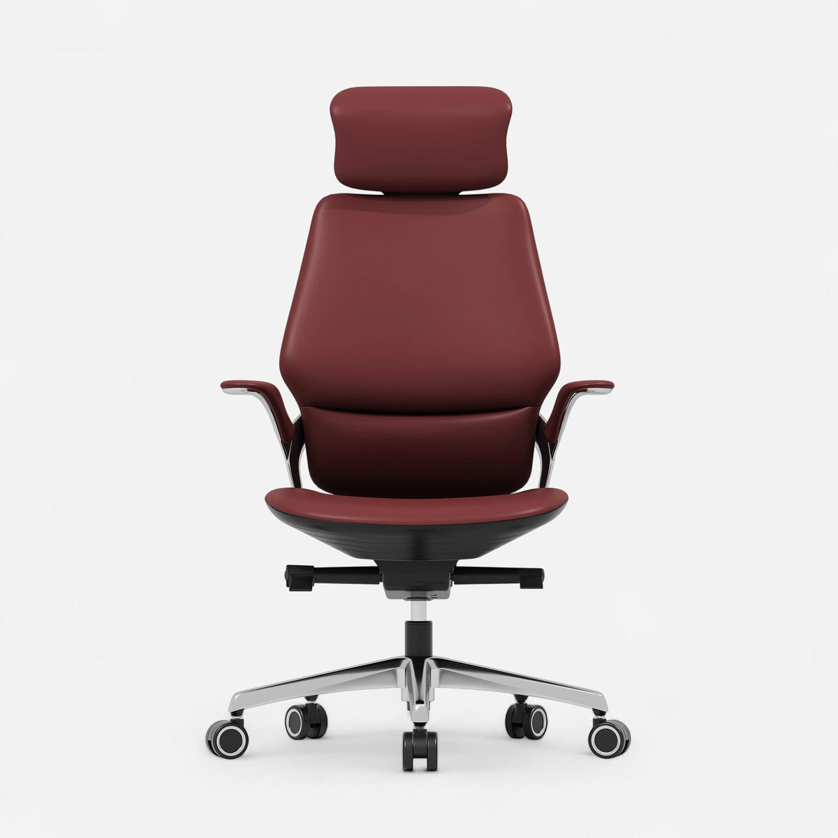 Burgundy reclining leather executive office chair, front view