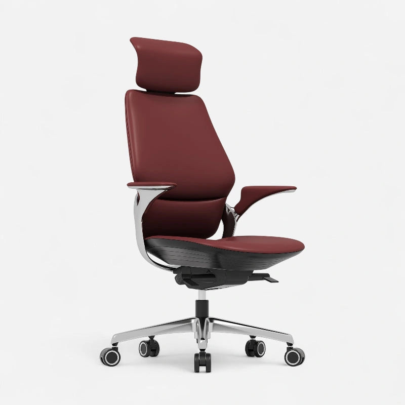 Burgundy reclining leather executive office chair, angled front view