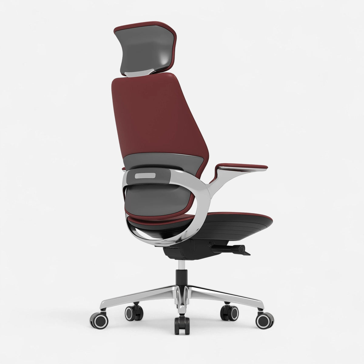 Burgundy reclining leather executive office chair, angled rear view