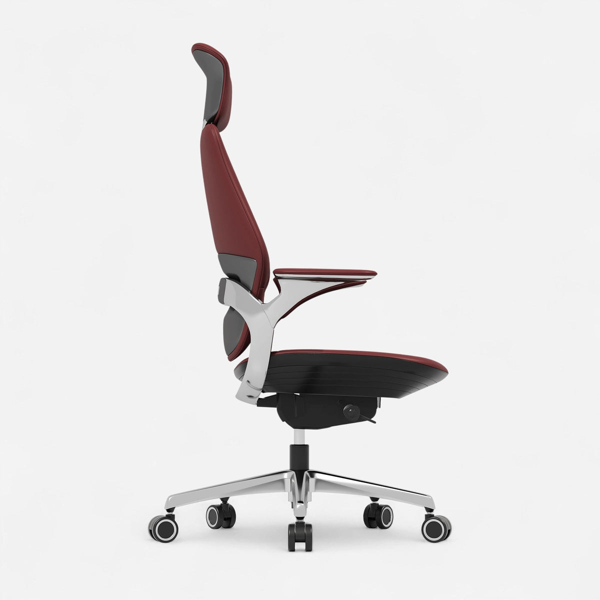 Burgundy reclining leather executive office chair, side profile