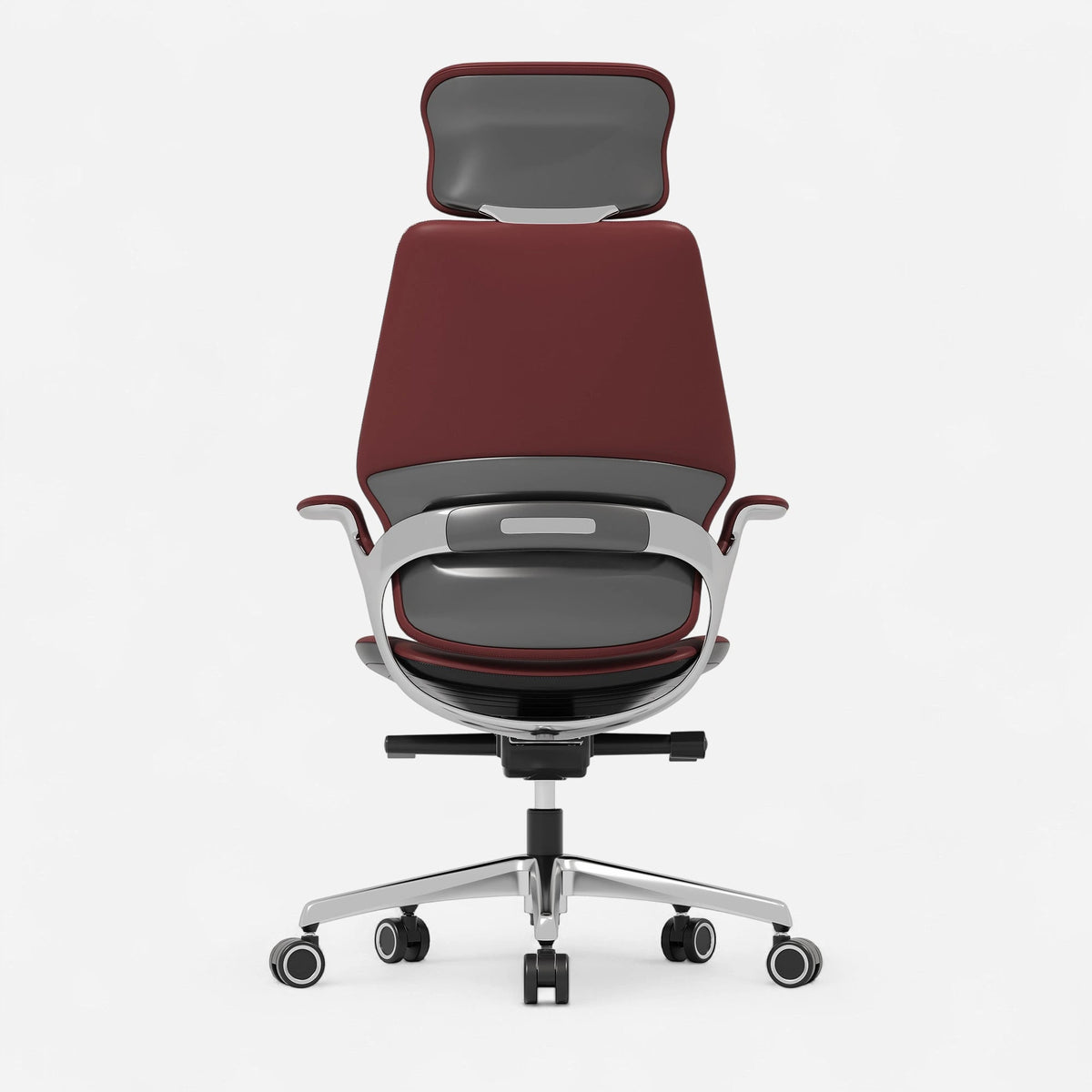 Burgundy reclining leather executive office chair, rear view