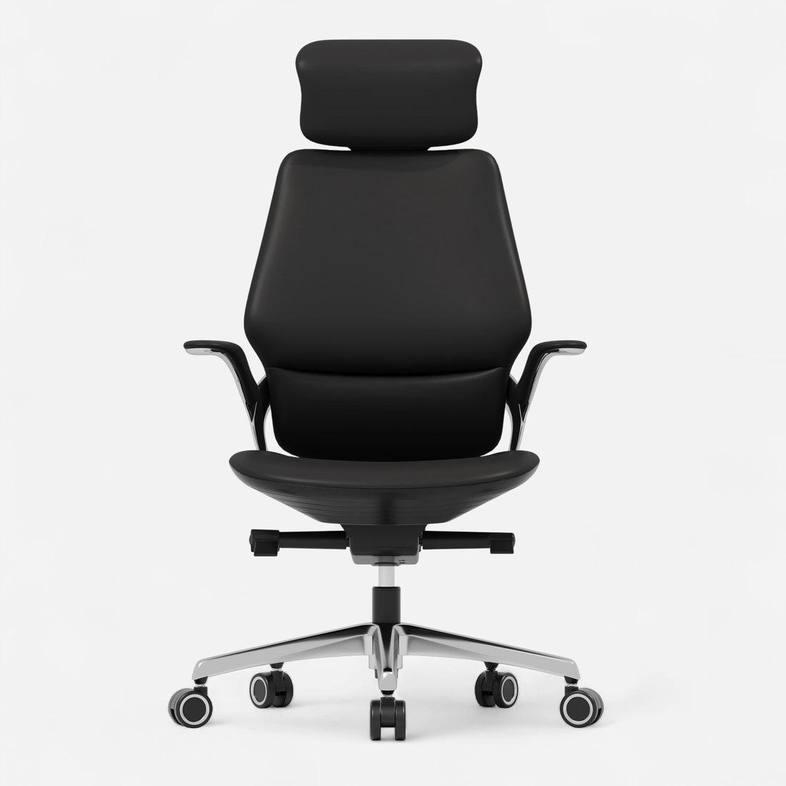 Black reclining leather executive office chair, front view