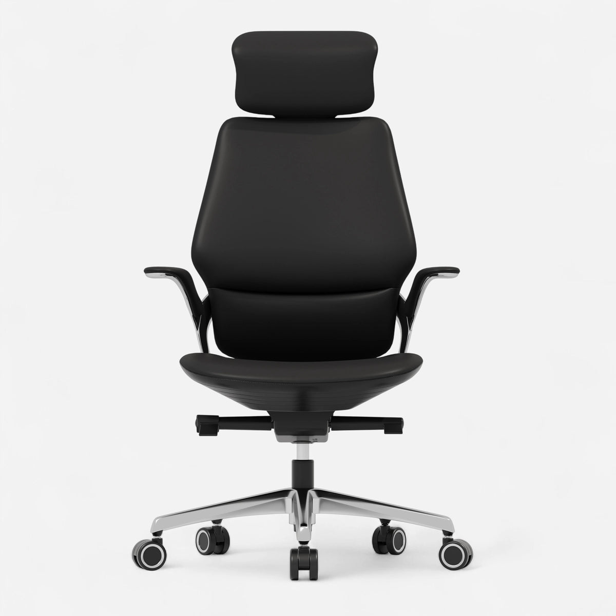 Black reclining leather executive office chair, front view
