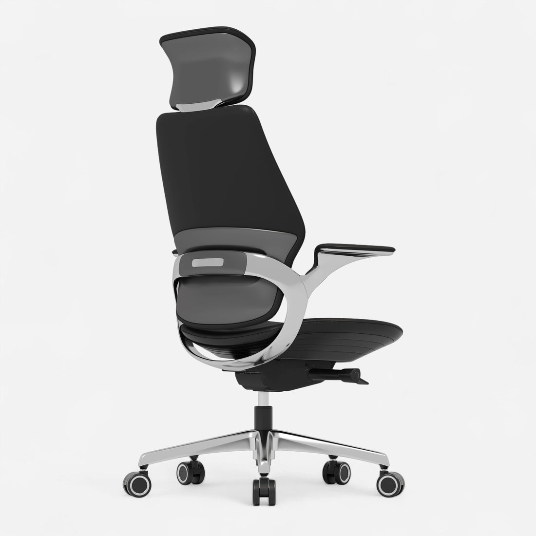 Black reclining leather executive office chair, front view