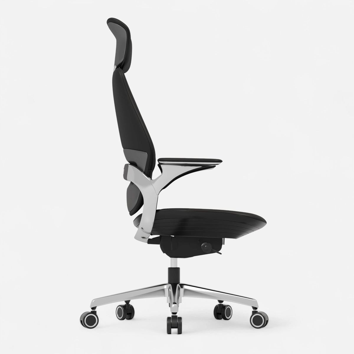 Black reclining leather executive office chair, side profile