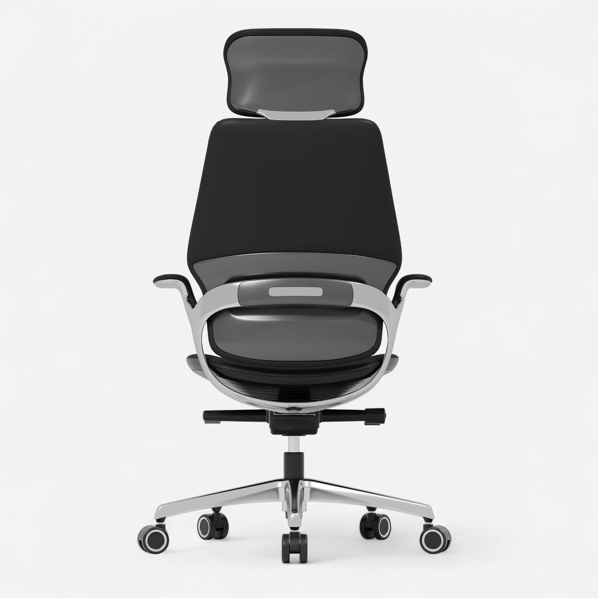 Black reclining leather executive office chair, rear view