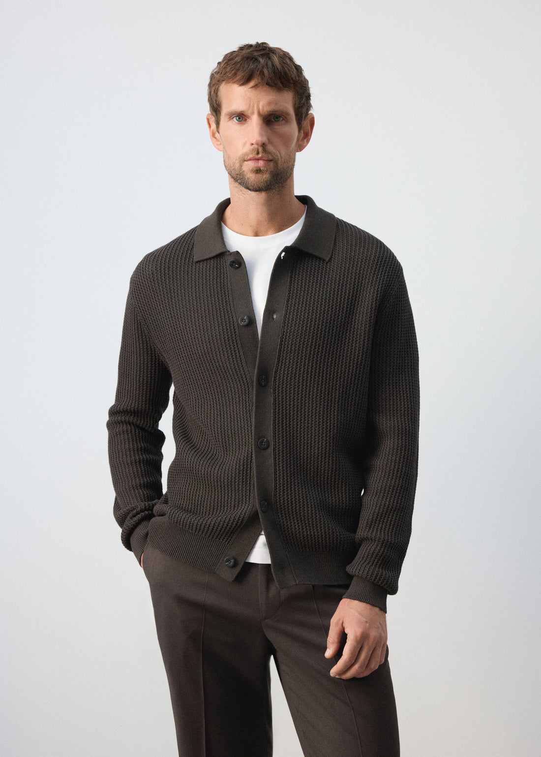 Ribbed Cotton Collared Cardigan in Chocolate - view 01