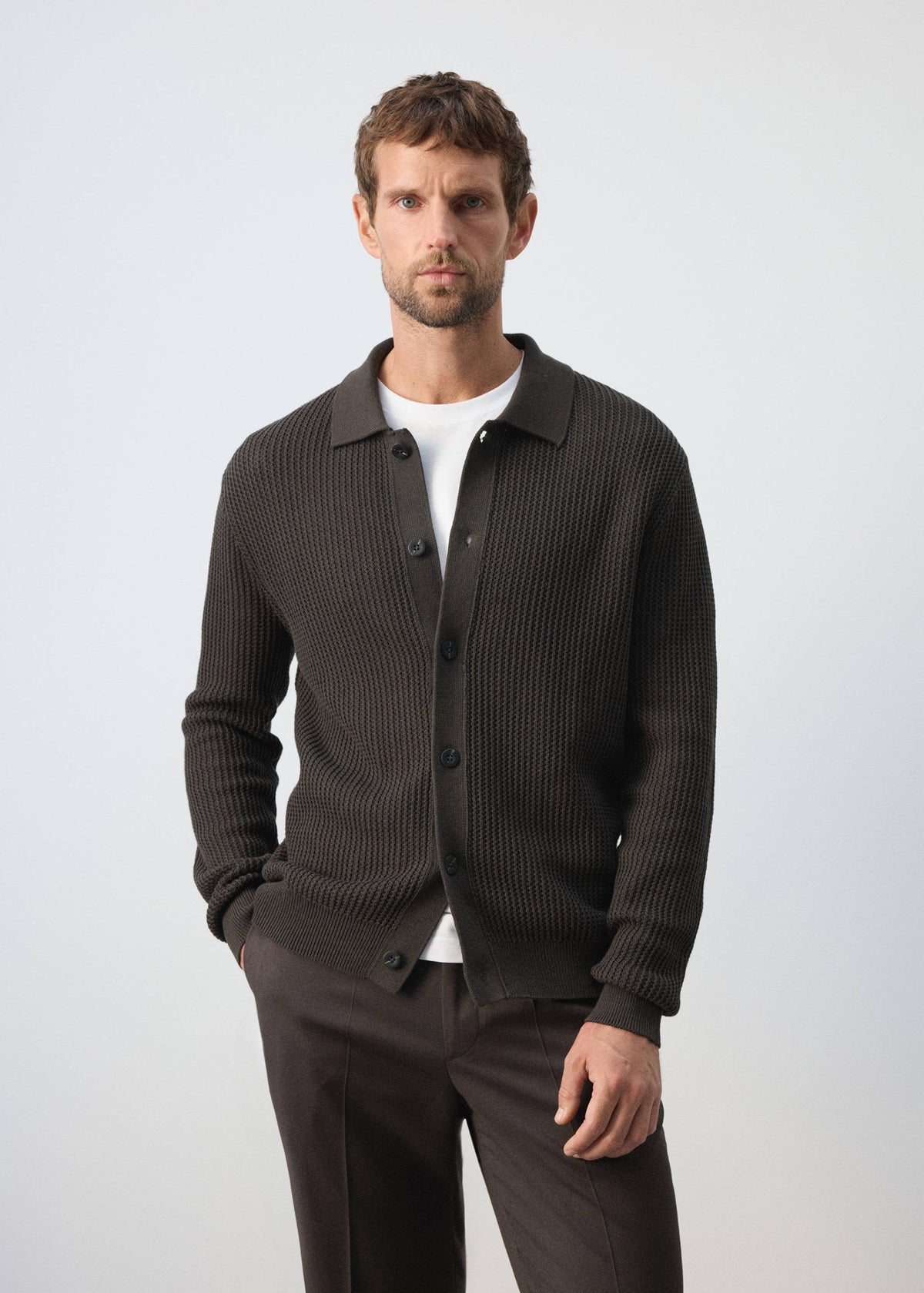 Ribbed Cotton Collared Cardigan in Chocolate - view 01