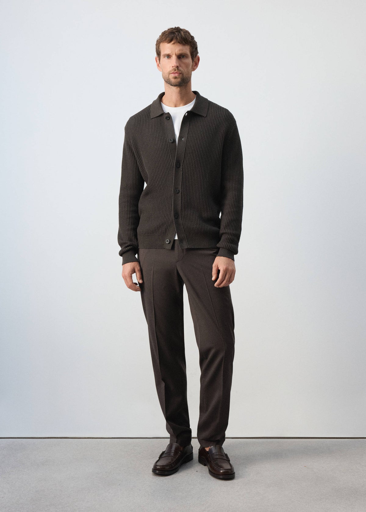 Ribbed Cotton Collared Cardigan in Chocolate - view 02