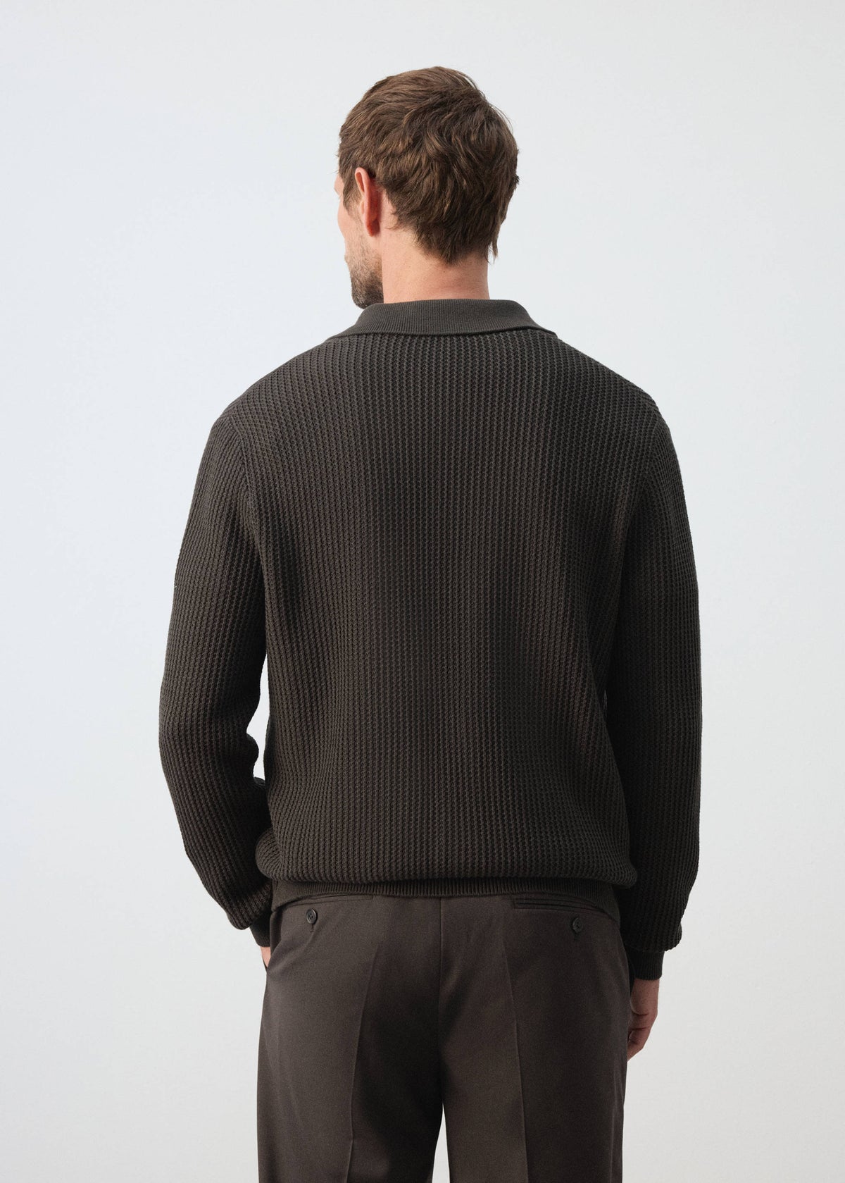 Ribbed Cotton Collared Cardigan in Chocolate - view 03