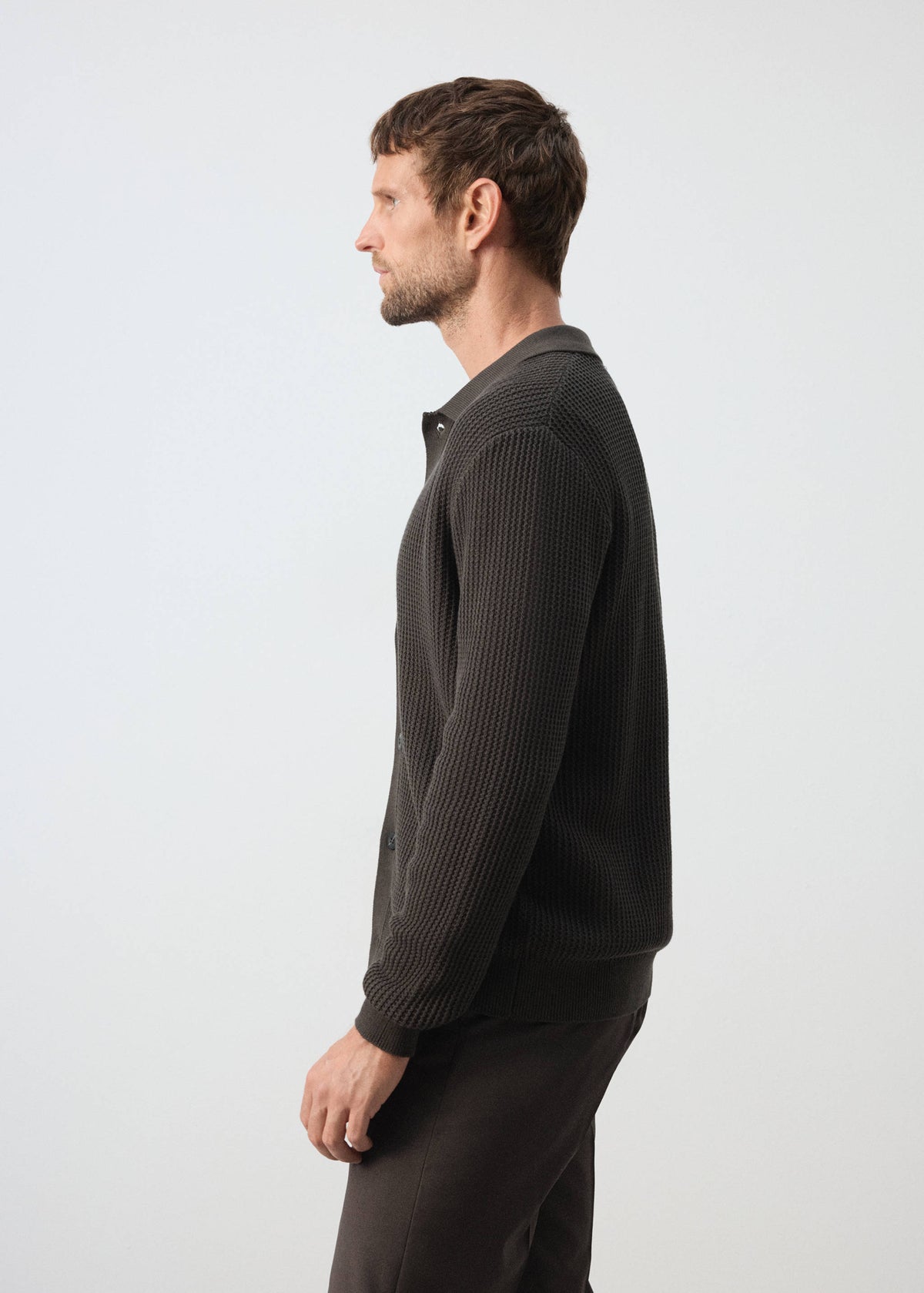 Ribbed Cotton Collared Cardigan in Chocolate - view 05