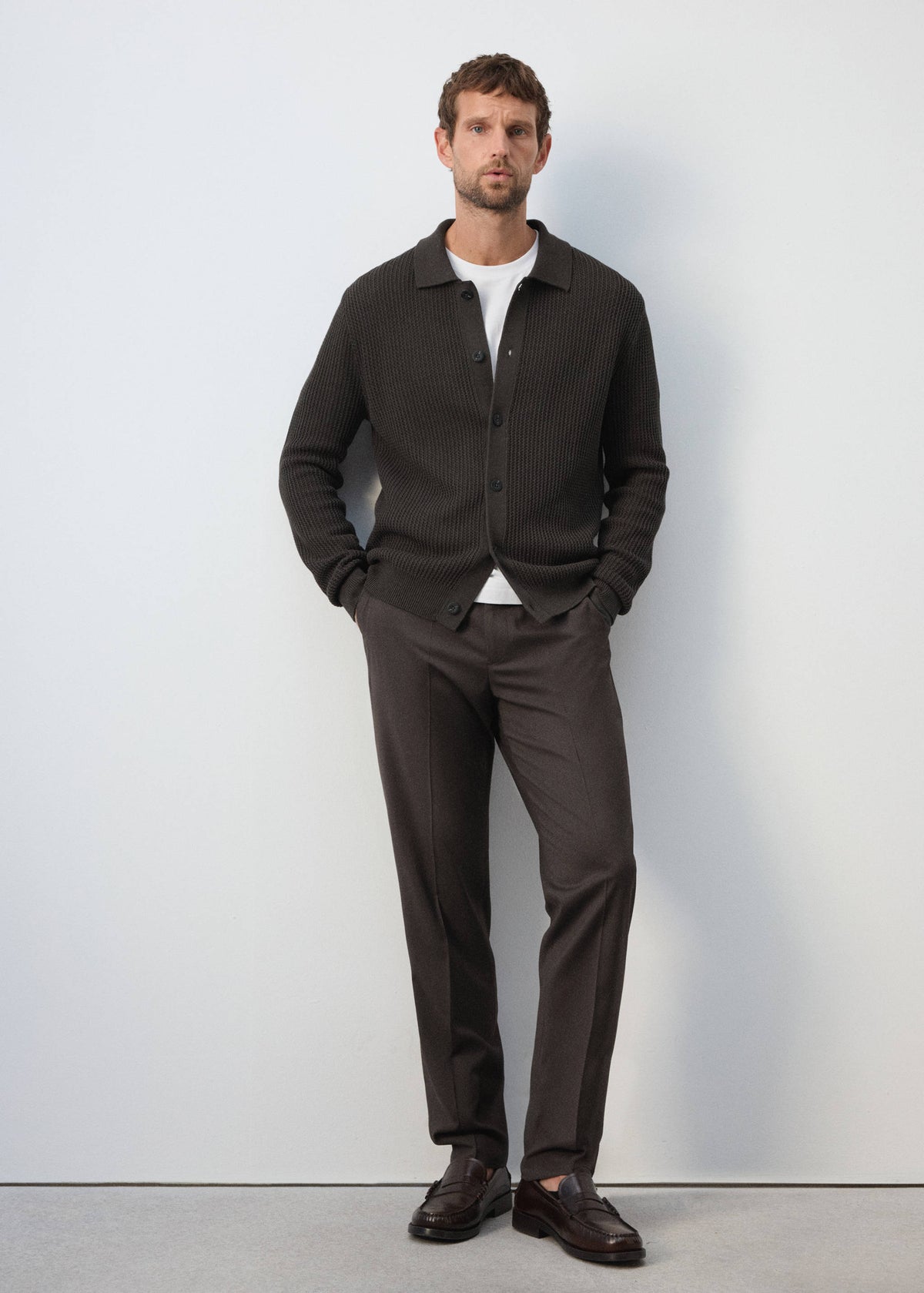 Ribbed Cotton Collared Cardigan in Chocolate - view 06