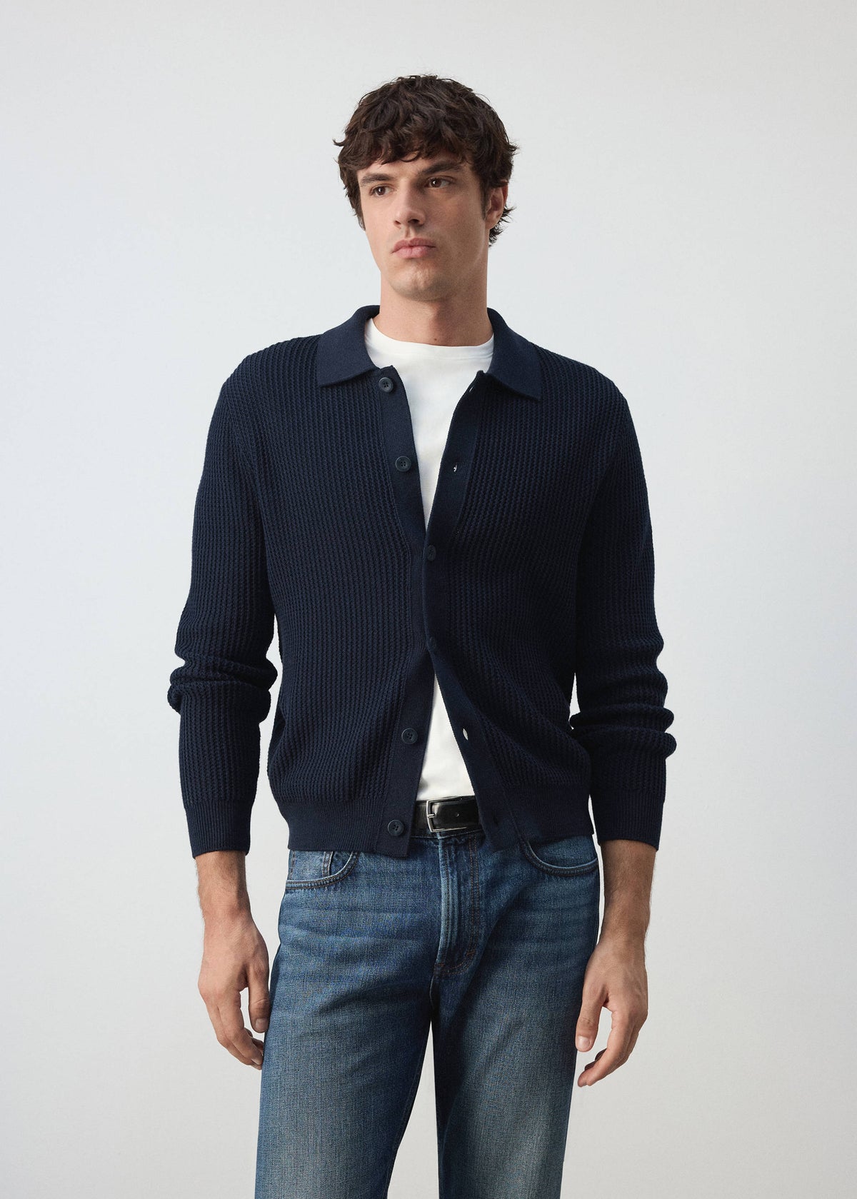 Ribbed Cotton Collared Cardigan in Navy - view 01