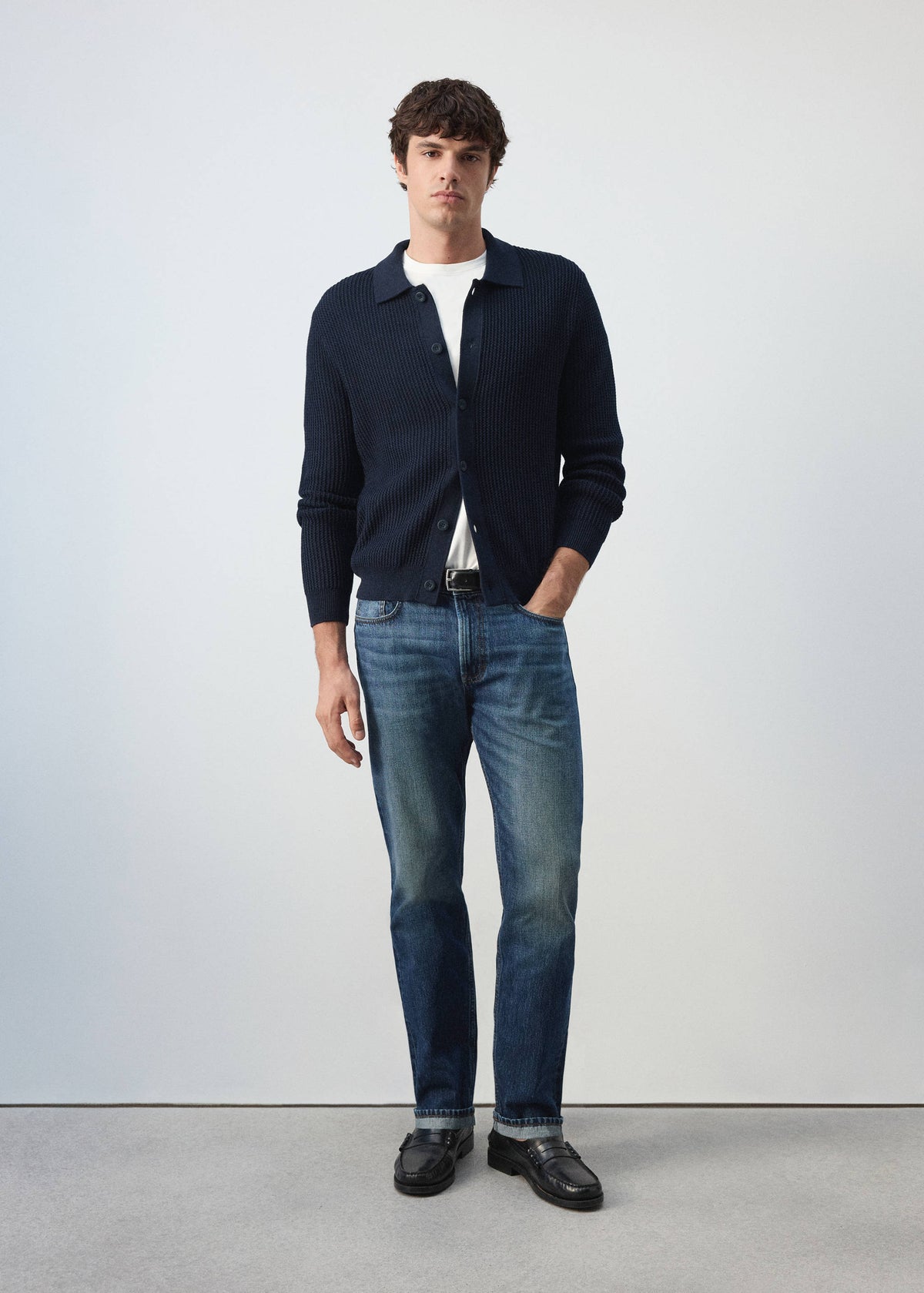 Ribbed Cotton Collared Cardigan in Navy - view 02