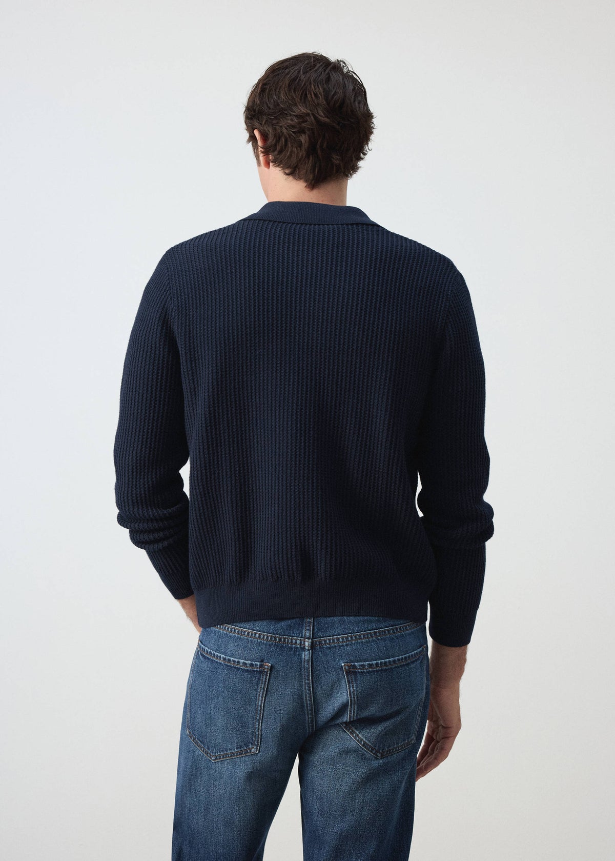 Ribbed Cotton Collared Cardigan in Navy - view 03
