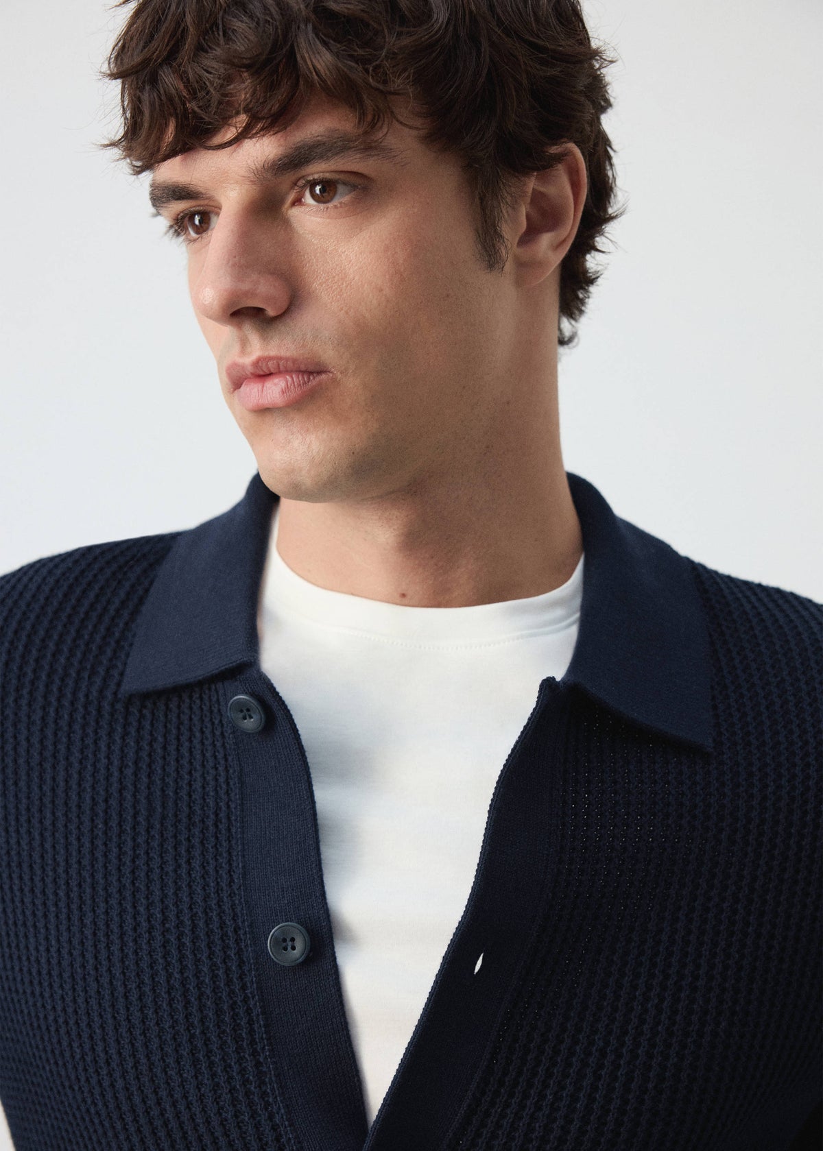 Ribbed Cotton Collared Cardigan in Navy - view 04