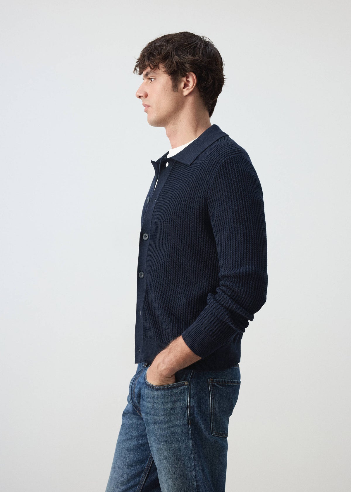 Ribbed Cotton Collared Cardigan in Navy - view 05